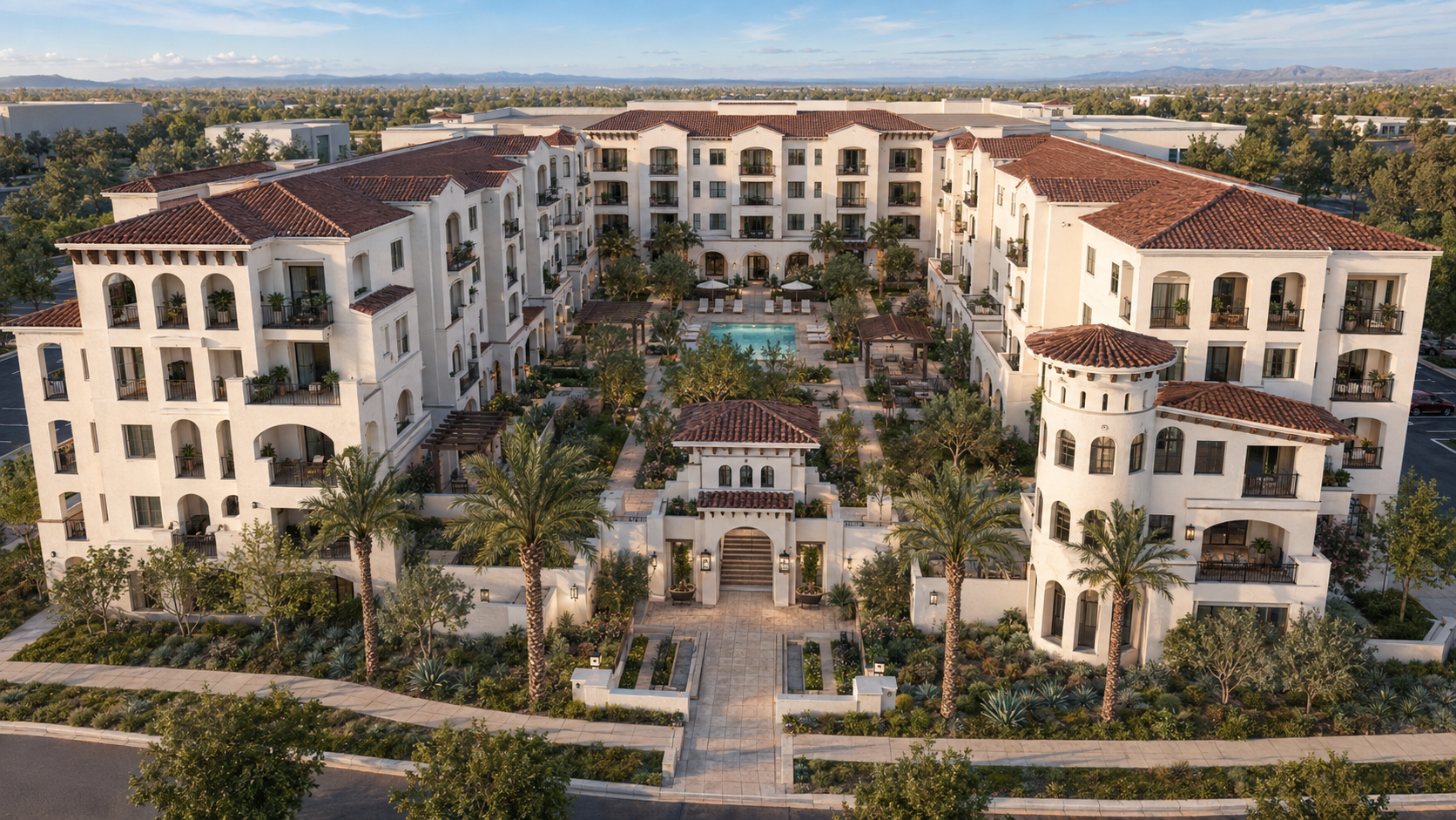 Elevated architectural rendering of the BostonCircle Mediterranean-style apartment complex surrounding a landscaped pool courtyard